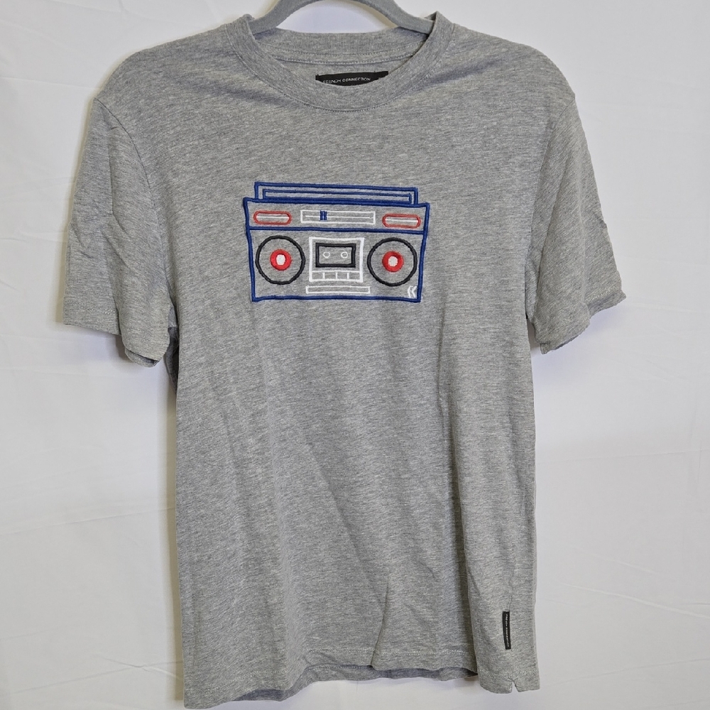 French Connection UK Embroidered‎ Boom Box Tee, Gray, Mens Size Small